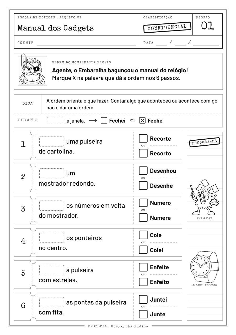 Folha da Missão 01: manual do relógio de papel com 6 passos sem a primeira palavra; a criança marca um X na palavra que dá a ordem (versão P&amp;B para colorir)