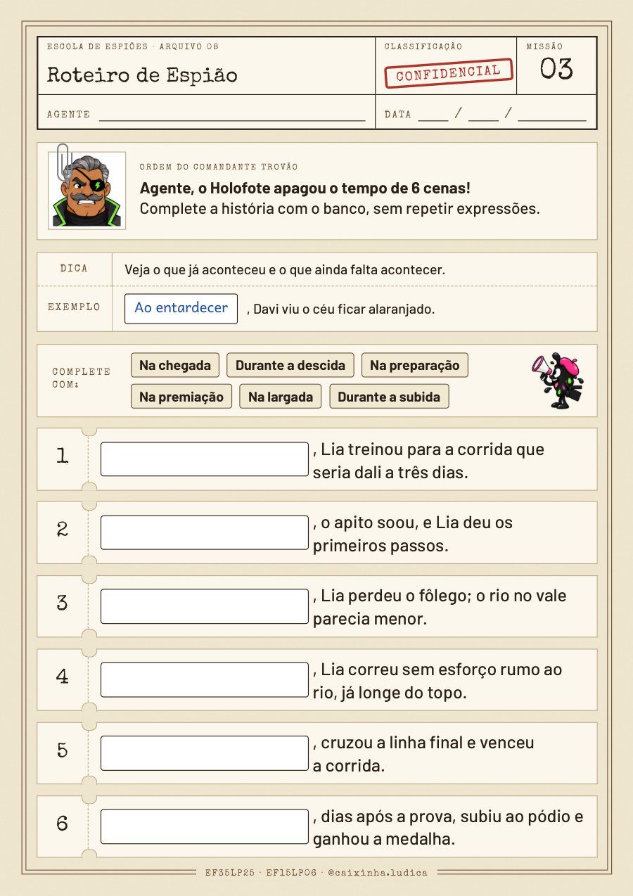 Folha da Missão 03: seis cenas da corrida de Lia sem a marca de tempo; a criança completa cada cena com uma expressão do banco