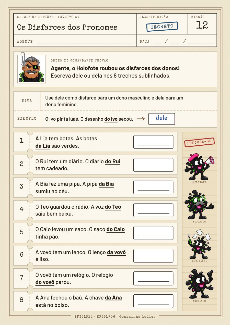 Folha da Missão 12 (Secreto): oito frases com um trecho sublinhado, como “da Lia” e “do Rui”; a criança escreve dele ou dela em cada uma