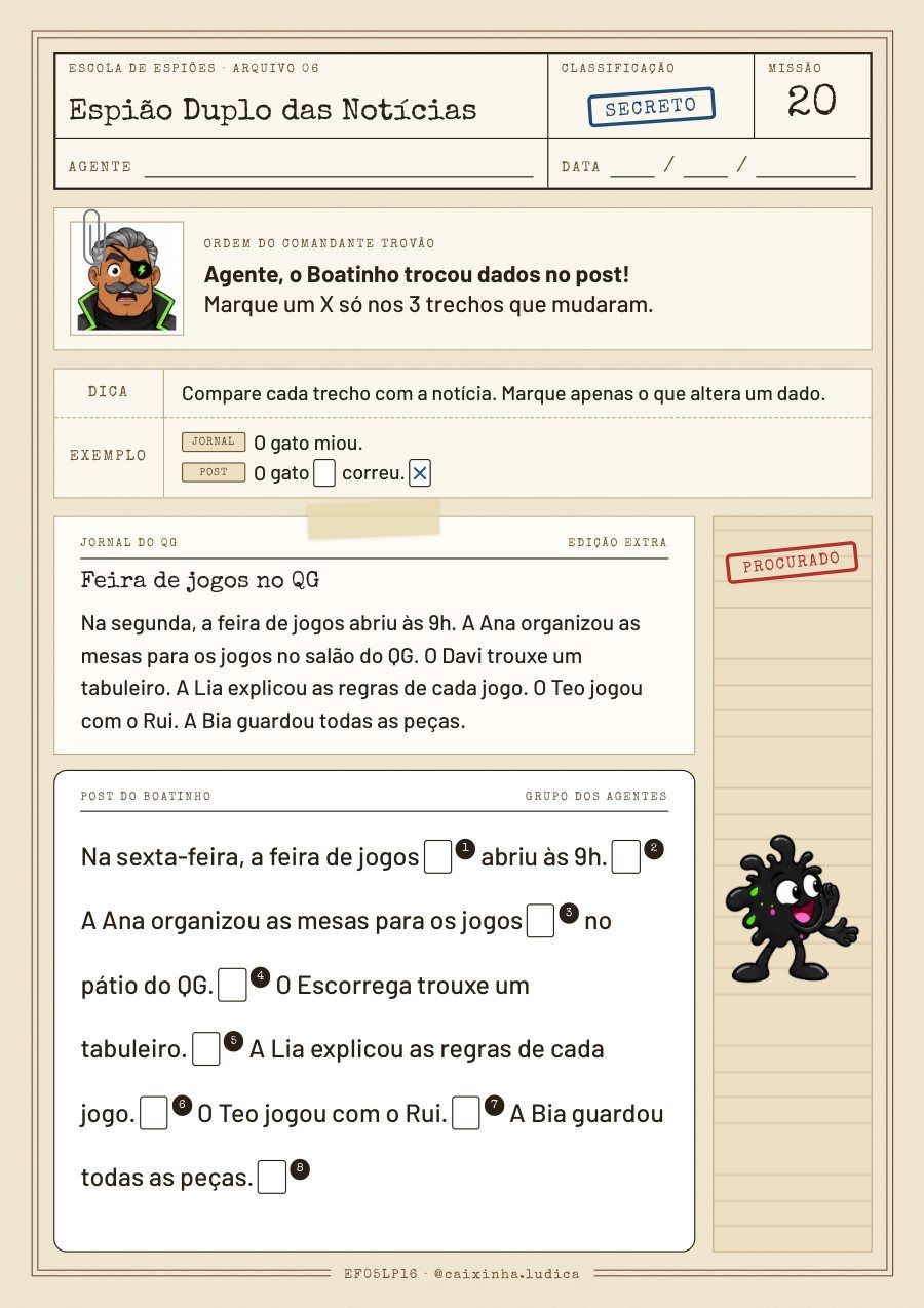Folha da Missão 20: a notícia do Jornal do QG sobre a feira de jogos e o post do Boatinho com 8 trechos; a criança marca os 3 trechos que mudaram