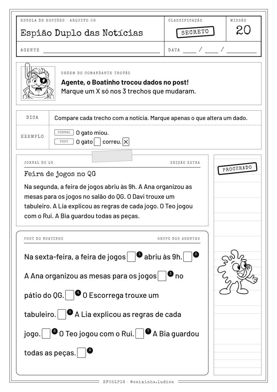 Folha da Missão 20: a notícia do Jornal do QG sobre a feira de jogos e o post do Boatinho com 8 trechos; a criança marca os 3 trechos que mudaram (versão P&amp;B para colorir)