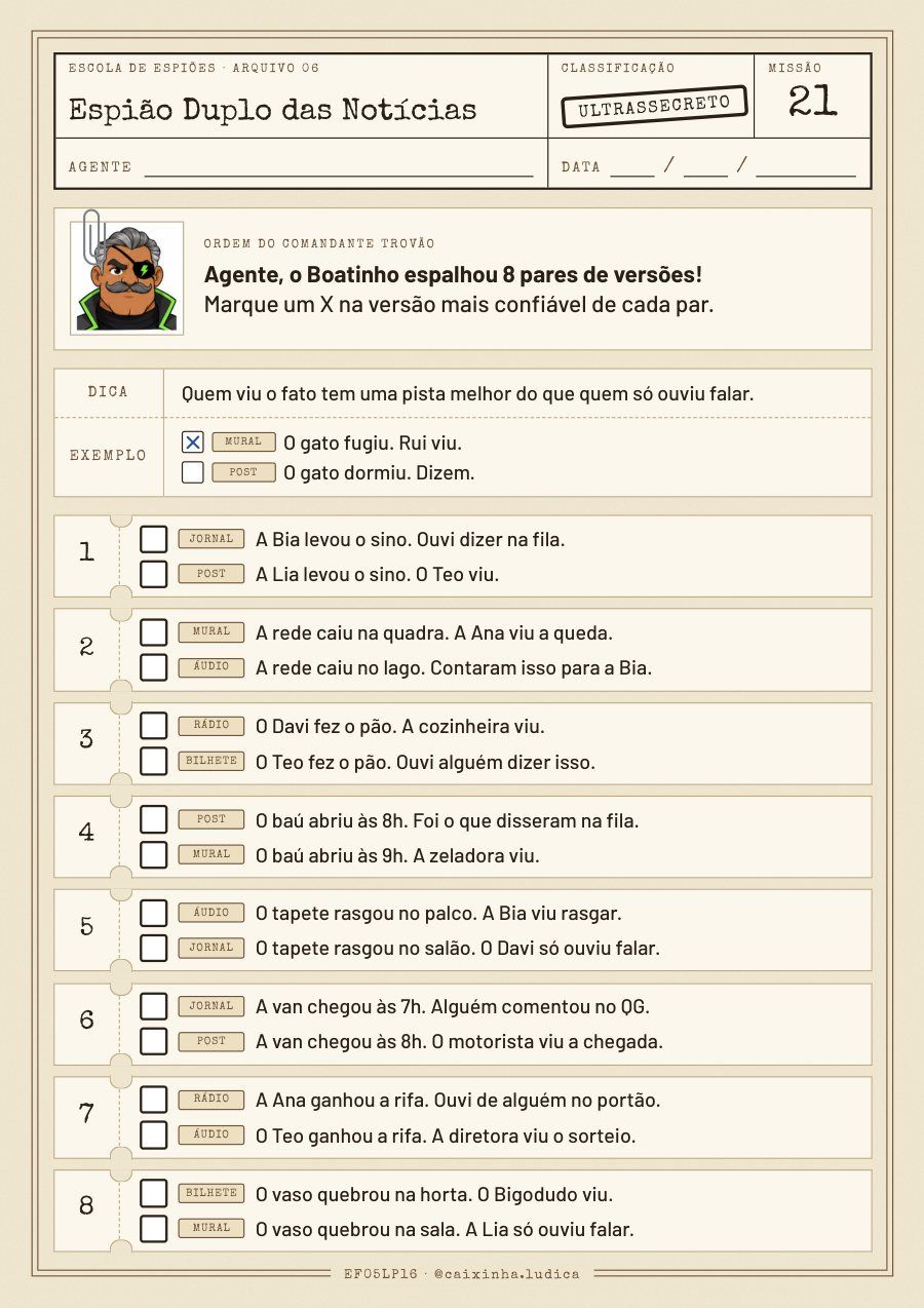 Folha da Missão 21: oito pares de versões do mesmo fato em mural, post, jornal, rádio, áudio e bilhete; a criança marca a versão mais confiável de cada par