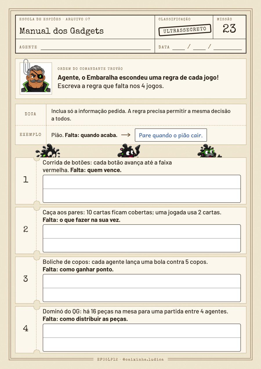 Folha da Missão 23: quatro jogos do QG, cada um com uma regra faltando; a criança escreve a regra que falta
