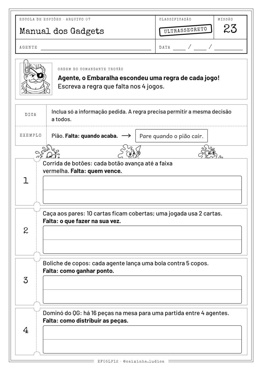 Folha da Missão 23: quatro jogos do QG, cada um com uma regra faltando; a criança escreve a regra que falta (versão P&amp;B para colorir)