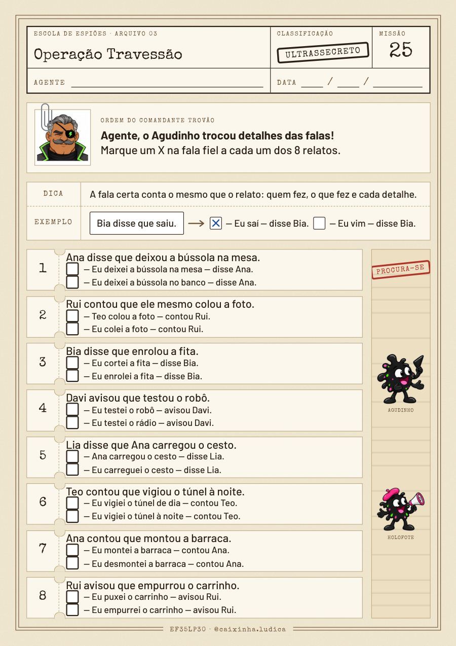 Folha da Missão 25: oito relatos, cada um com duas falas; a criança marca um X na fala fiel ao relato