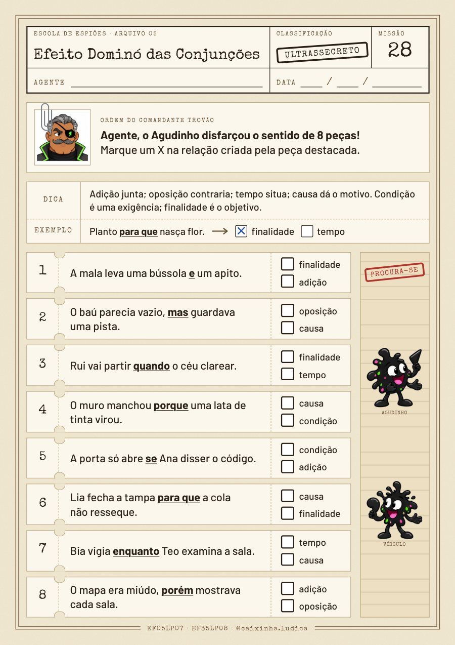 Folha da Missão 28: oito frases com uma peça de ligação destacada; a criança marca um X na relação que a peça cria