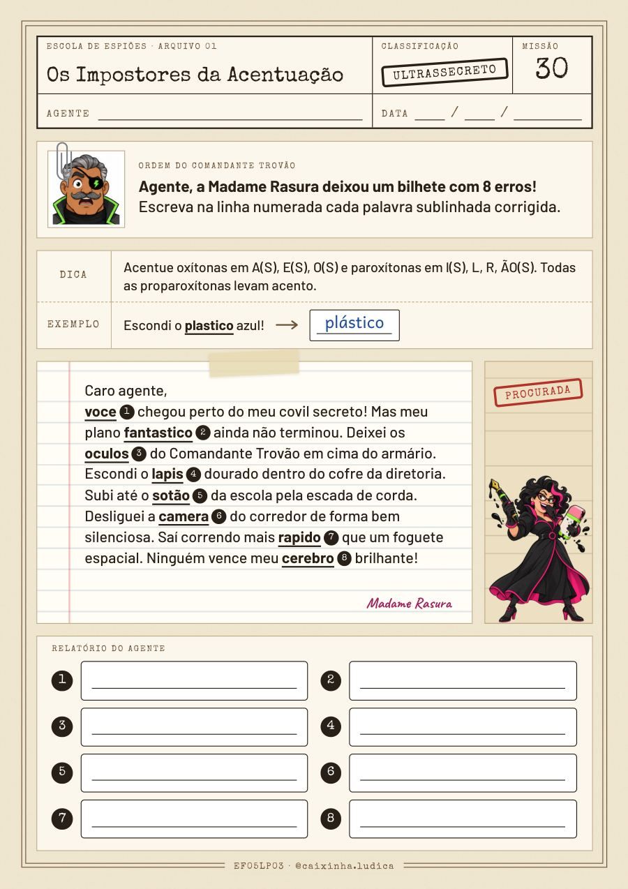 Folha da Missão 30: bilhete da Madame Rasura com oito palavras sublinhadas para corrigir no relatório do agente