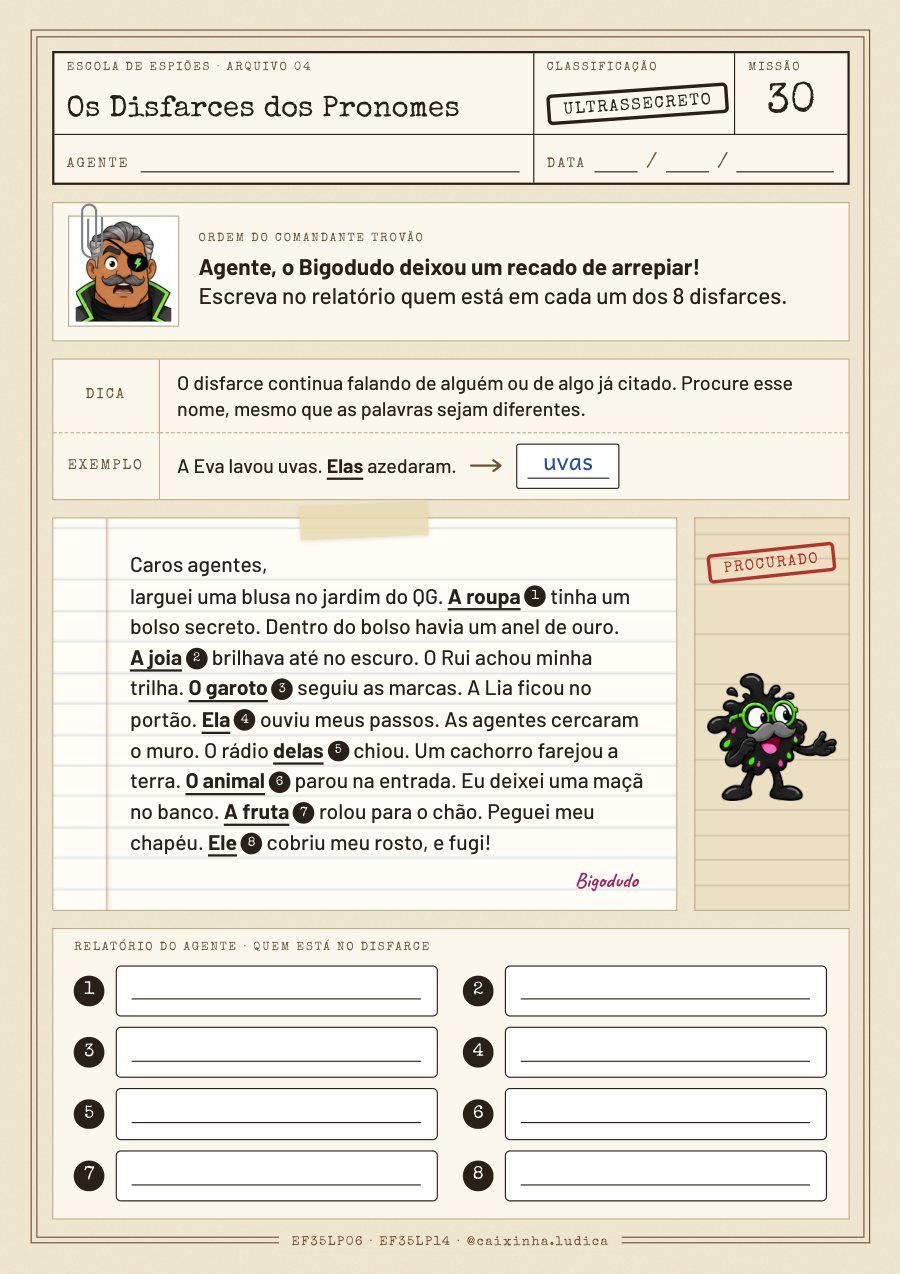 Folha da Missão 30: recado do Bigodudo com 8 disfarces numerados; a criança escreve no relatório do agente quem está em cada disfarce