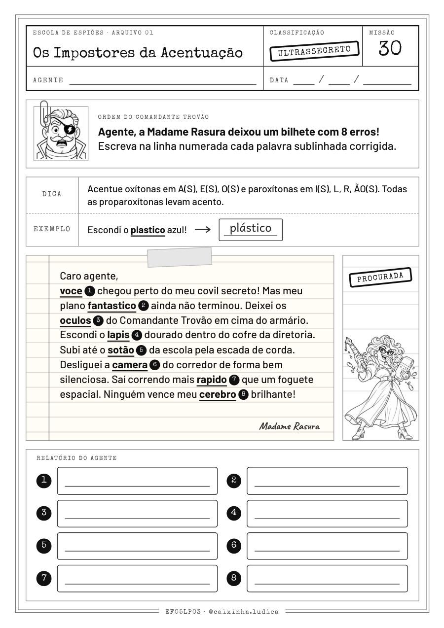 Folha da Missão 30: bilhete da Madame Rasura com oito palavras sublinhadas para corrigir no relatório do agente (versão P&amp;B para colorir)
