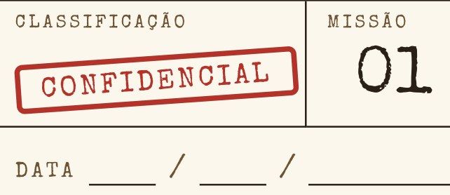Cabeçalho da Missão 01 de Os Disfarces dos Pronomes: carimbo Confidencial e número da missão, sem o ano escolar