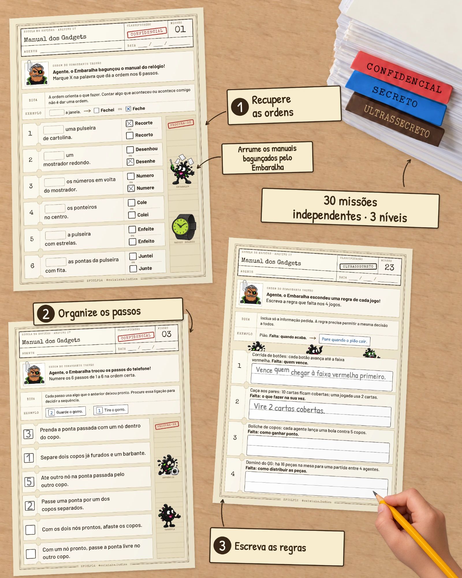 Três folhas das missões impressas sobre a mesa (Missão 01, 03 e 23), com legendas: 1, recupere as ordens; 2, organize os passos; 3, escreva as regras. Ao lado, o monte das 30 missões independentes em 3 níveis (Confidencial, Secreto e Ultrassecreto) e o aviso: arrume os manuais bagunçados pelo Embaralha. Uma mão escreve a lápis na Missão 23.